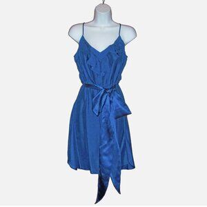 Rebecca Taylor Teal Silk Tie Waist Spaghetti Strap Ruffled V-Neck Dress Sz 6